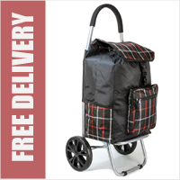 Torino Deluxe 2 Wheel Shopping Trolley Heavy Duty with Front and Side Pockets and XL Wheels Black Check